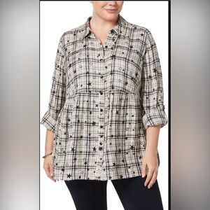Style & Co. Woman’s Button Down Plaid Star Blouse Shirt Size S